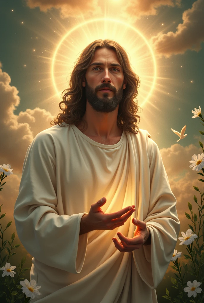 detailed portrait of jesus, smiling, loving gaze, arms open, black and white, garden with trees and flowers, chiaroscuro lighting, serene, peaceful, beautiful, high quality, detailed, realistic, photorealistic, cinematic, dramatic, masterpiece