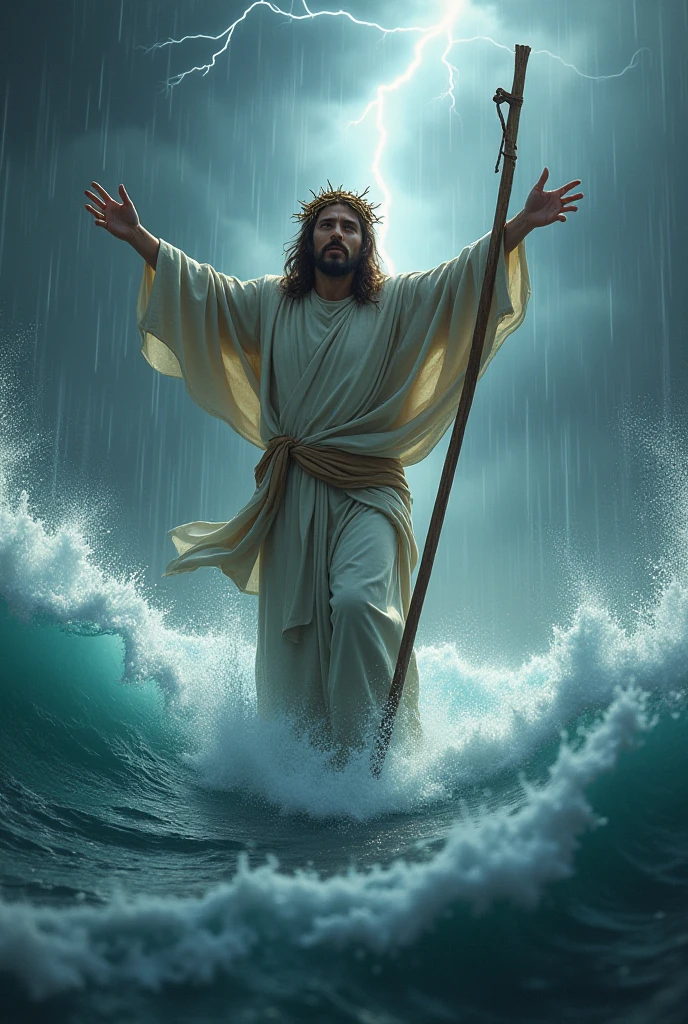 jesus walking on water in a storm, masterpiece, best quality, high quality, extremely detailed CG unit 8k wallpaper, award winning photography, Bokeh, Depth of Field, HDR, bloom, Chromatic aberration, photorealistic, extremely detailed, trending on artstation, trending on CGsociety, intricate, high detail, dramatic, mid-journey art, volumetric lighting