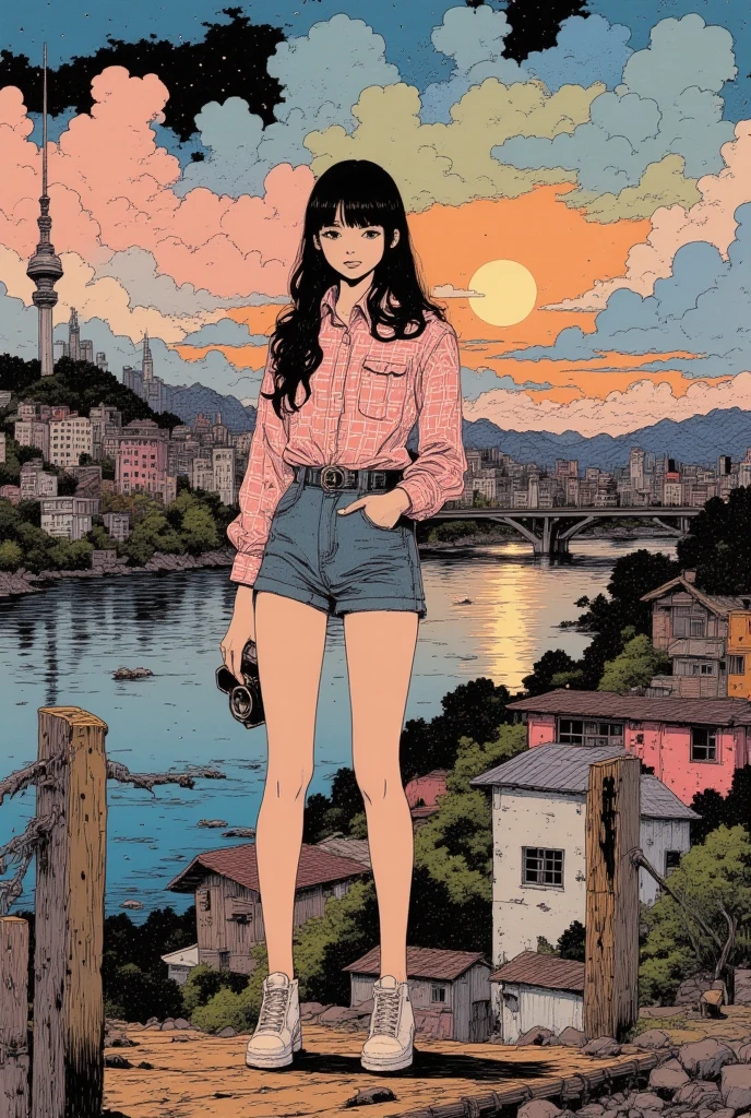 epic graphics 16K, masterpiece, best composition, The quality is very detailed, artwork, a glamorous and sexy woman in a checkered shirt and shorts, a smile face, Holding a small camer, a Han River in Seoul, Korea, Sun rising next to Namsan n Tower, a great number of houses, a cloud a dramatic sky, rich right