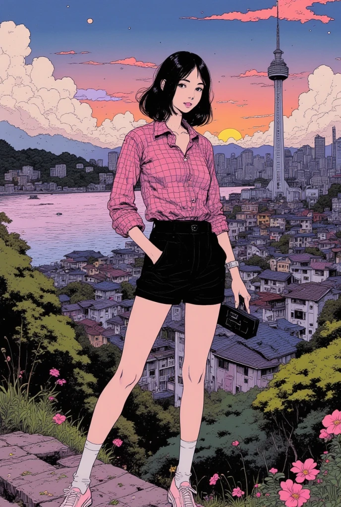 epic graphics 16K, masterpiece, best composition, The quality is very detailed, artwork, a glamorous and sexy woman in a checkered shirt and shorts, a smile face, Holding a small camer, a Han River in Seoul, Korea, Sun rising next to Namsan n Tower, a great number of houses, a cloud a dramatic sky, rich right