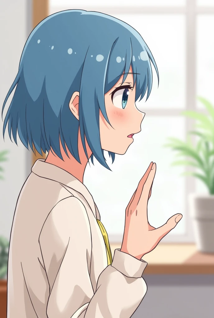 masterpiece, (1girl), ((remrin:1), ramchi, (rem_re_zero, (light blue hair), (hair tie)), (short hair:1.5), (hair over one eye:1.3)), (wearing warm pajama:1.5), boobs, (yawning face expression:2), (closed eyes:1), (detailed body, detailed hands, detailed face:1.3), waking up in the morning, (apartments background)