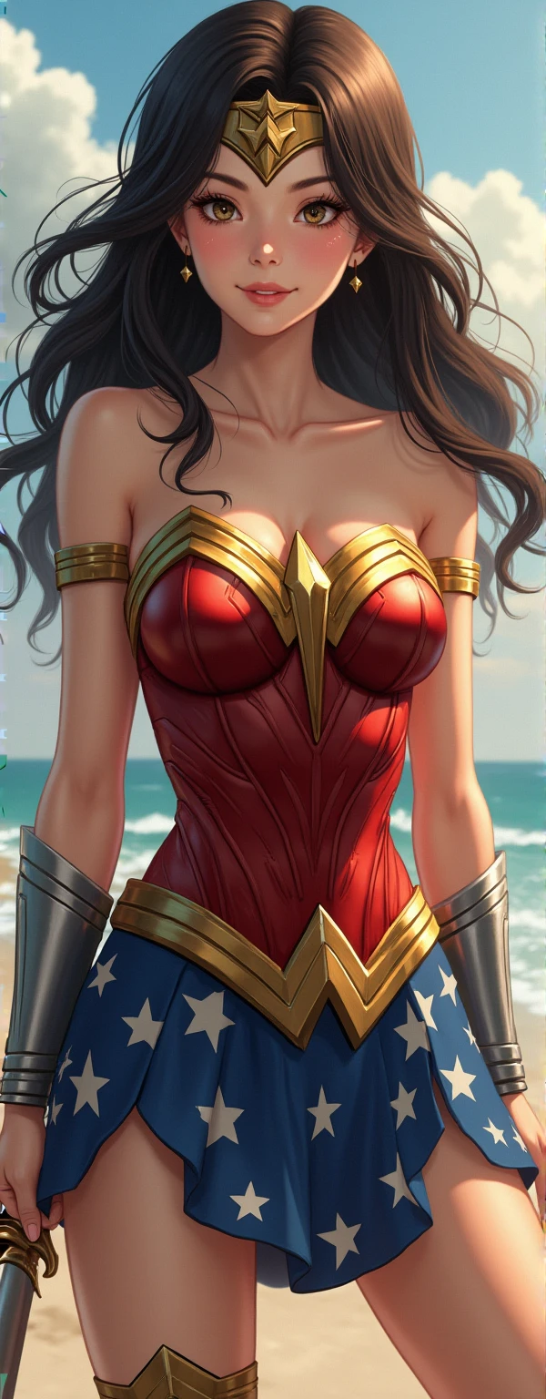 PhotoRealistic Art Style, Natural Beauty, Masterpiece, Full Body View Visible, Hailee Steinfeld, Perfectly Accurate Face Proportion,Realistic Light Hazel Brown Eyes, Thick Eyebrows, Brown hair, slim toned Thighs, tight ass, perky round breast , slim athletic body type, perfect body type, seductive smile, wonder woman