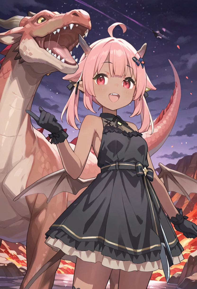  top quality 、One 、 small breasts、 slender body、Slender legs、 Pink Hair、(( brown skin next to a woman))、Dragon's Horns and Tails 、 short twin tail girl、Cute single tusk、 red eyes、 is standing、 black dress、black ruffle gloves 、whole body、volcano、Flames flickering、menacing pose 