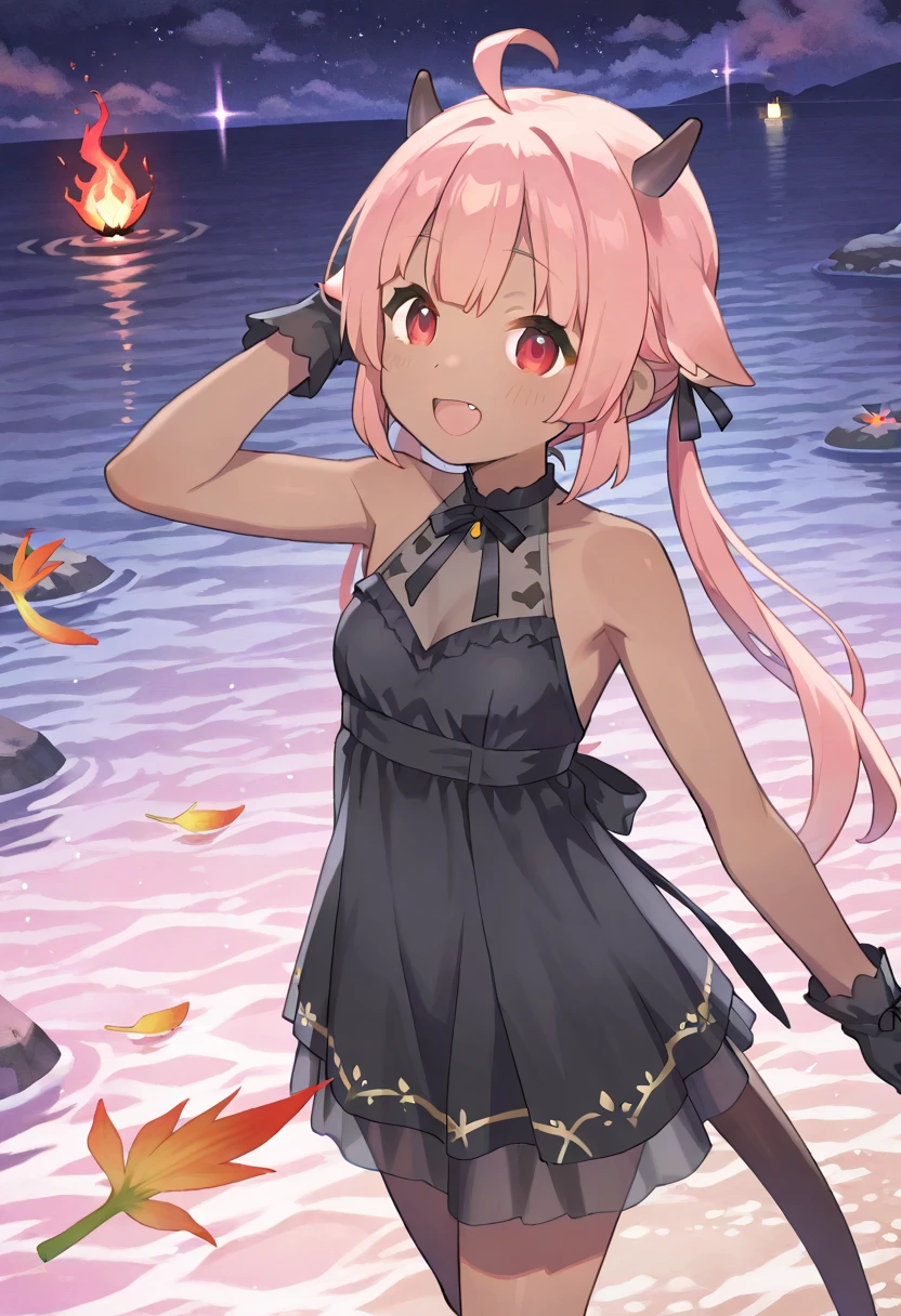  top quality 、One 、 small breasts、 slender body、Slender legs、 Pink Hair、(( brown skin next to a woman))、Dragon's Horns and Tails 、 short twin tail girl、Cute single tusk、 red eyes、 is standing、 black dress、black ruffle gloves 、whole body、volcano、Flames flickering、menacing pose 