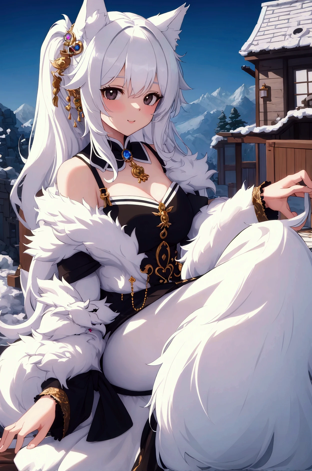 ((best quality)), ((masterpiece)), (detailed). Wolf Girl. . White fur. Black Eyes. Cute.  Casual Wear. A house background. Try to keep her with a young look. Happy.