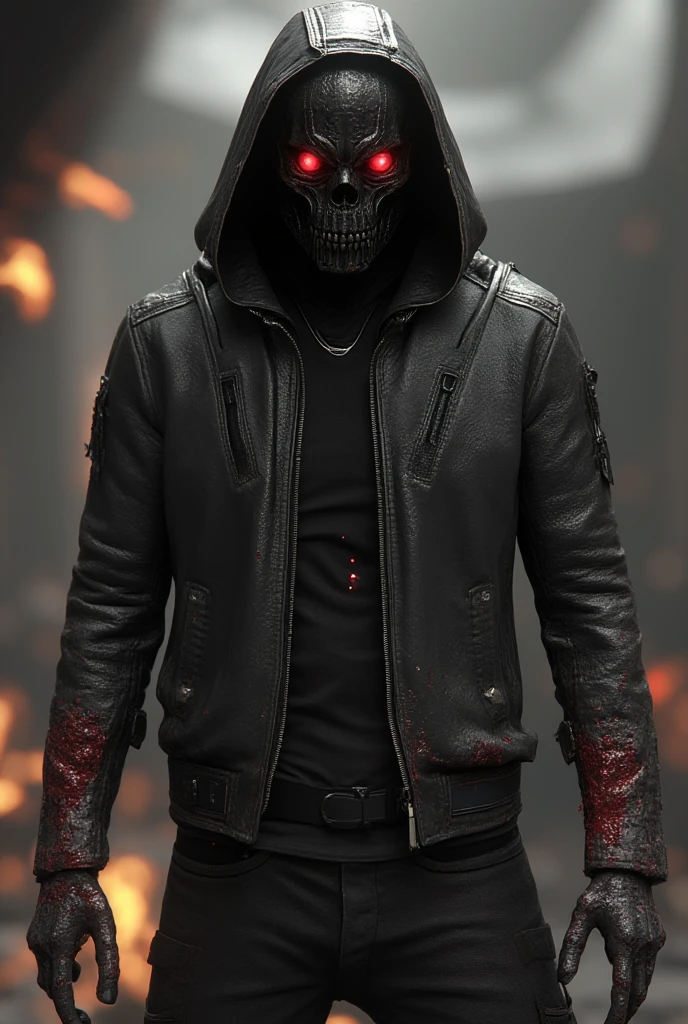 Male wearing leather jacket with black hoodie wearing a  black robotic skull mask with red eyes glow blood splatter black cargo pants  background Legions attacking with weapons amazing detail realistic 3D real character style extremely detailed