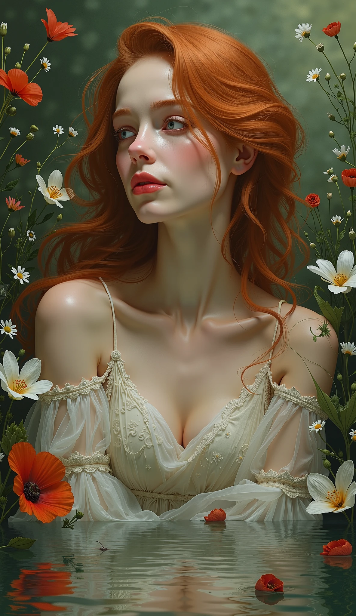 Beautiful slender thin exquisite (nude) girl with a perfect face of the southern type with red hair with tender breasts with tender nipples barefoot with bare hips ((with red pubic hairs)) ((in an unbuttoned blue shirt on a naked body)) walks along a brick road in the middle of a flowering field, in a gentle watercolor style, Discreet shades, sfumato, haze, diffused dim light, delicate mint shades, imitation of film photography