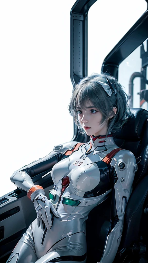 best quality, ultra high res, 1girl, masterpiece,,plugsuit, bodysuit,solo,((( huge breasts))), white_bodysuit, pilot_suit, lance_of_longinus, bangs, Triangular psychosensory devices on both sides of the head, souryuu_asuka_langley,taut_clothes,bokeh,clothes with a sense of mechanical technology, the small logo pattern on the chest is zero,(((short hair))),(((short hair))),(((short hair))), bodysuit, white bodysuit, pilot suit, bangs,ayanami rei<lora:evaAyanamiRei_arV1:0.7>, <lora:museGirlfriendV2_v2:0.4>