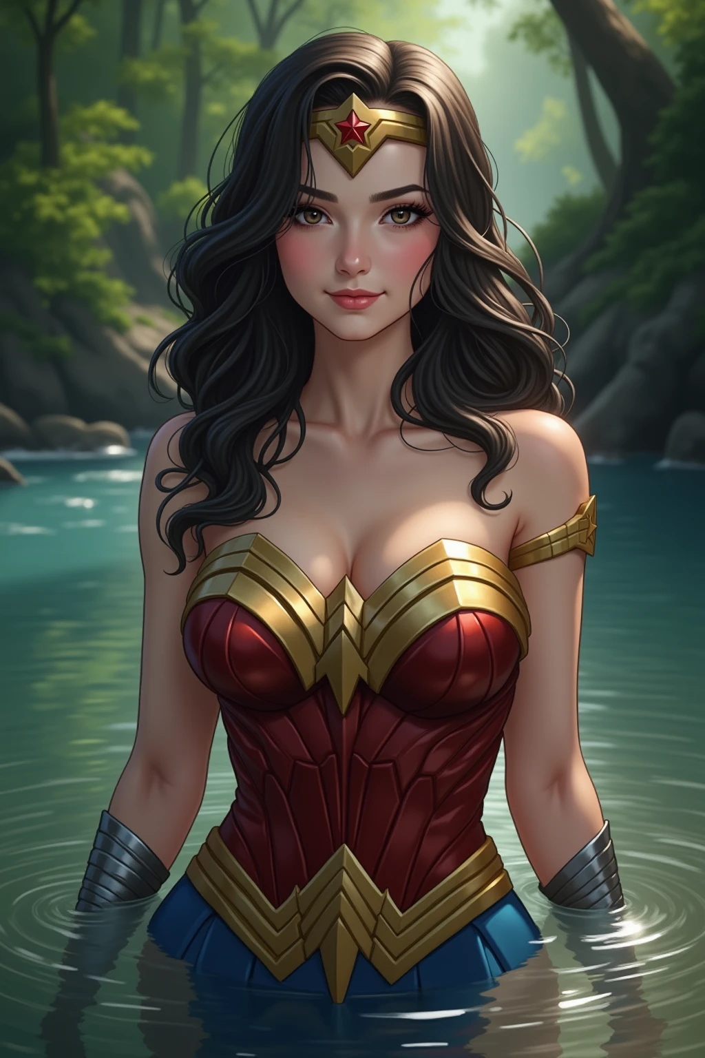 diana, black hair, blue eyes, tiara,
blue underwear, red top, collarbone, arm bands, armor,
standing, upper body, solo, large breasts,
morning, island,
(insanely detailed, beautiful detailed face,beautiful detailed eyes, masterpiece, best quality),solo, <lora:wonderwomanIJ2-10v11:0.7>