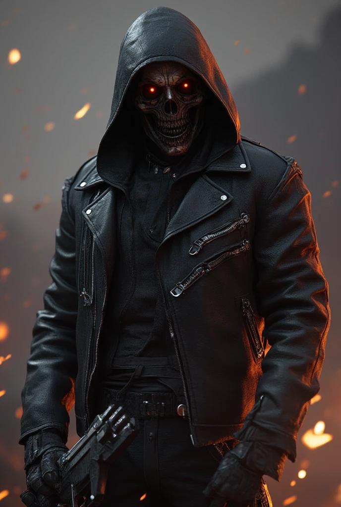 Male wearing leather jacket with black hoodie wearing a  black robotic skull mask with red eyes glow blood splatter black cargo pants  background Legions attacking with weapons amazing detail realistic 3D real character style extremely detailed