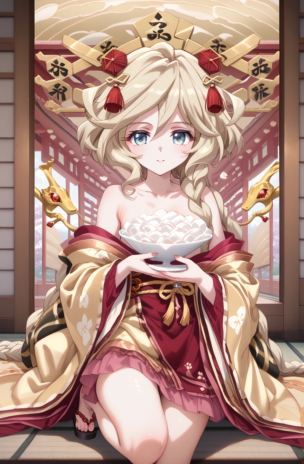 (Carol Malus Dienheim,symphogear),(one braid long blondhair,),(*************,very very cute girl,),(Wearing a Japanese golden kimono,),The only character is a girl,),Pale skin,naked,Masterpiece,(full length),(Five fingers,Perfect fingers,beautiful fingers,Perfect hands,perfect eyes,beautiful eyes,),year of the snake,shrine background,