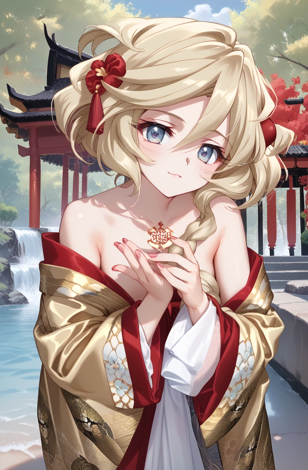 (Carol Malus Dienheim,symphogear),(one braid long blondhair,),(ten years old,very very cute girl,),(Wearing a Japanese golden kimono,),The only character is a girl,),Pale skin,naked,Masterpiece,(full length),(Five fingers,Perfect fingers,beautiful fingers,Perfect hands,perfect eyes,beautiful eyes,),year of the snake,shrine background,