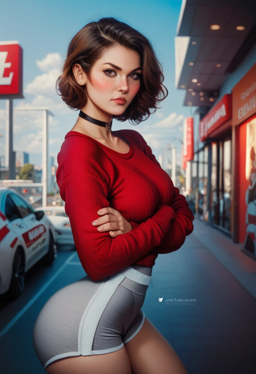 Cute sexy woman wearing tight grey yoga shorts and a baggy red sweater, standing arms crossed, suspicious expression, cute, large brown eyes, black eye liner, freckles, short brown hair, red cheeks, blushing, black neck choker, tight butt, sexy grey yoga shorts, baggy red sweater, sexy legs, white sneakers, Walgreens interior background, walgreens fridge aisle background, extremely detailed, realistic, photorealistic, Highest quality, High resolution
