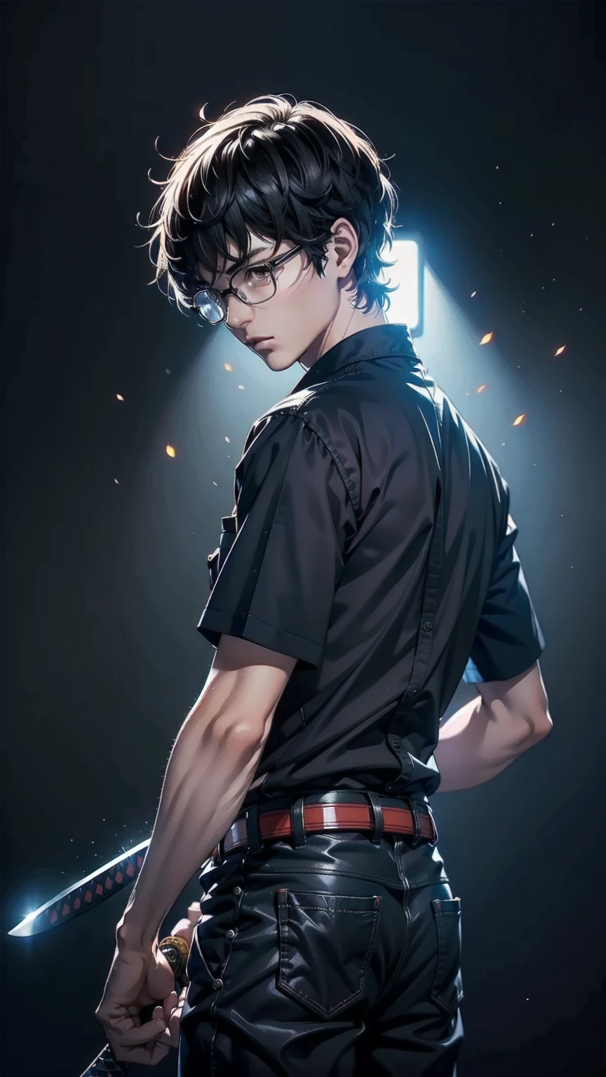 masterpiece, best quality, 1boy, solo, Amamiya Ren, glasses, ((tsume-eri gakuran boy japanese school uniform)), corridor, ((top quality, ultra-detailed, high resolution, extremely detailed CG, unity 8k wallpaper, by famous artist, perfect anatomy, super detailed skin, cinematic lighting, UHD, retina, anatomically correct, 1080P)), (Please draw a single one boy wielding a katana with no backgroun:1.3), ((1boy)), (Solo, face,17-year-old:2.0), a high school student, ((full dark brown hair)) Full limbs, complete fingers, ((perfect fingers, perfect arms)), masculine, manly, small butt, Beautiful detailed full dark brown eyes, glasses, perfect eyes, (Detailed Lighting), (Detailed background), (in the school zone), full body view, standing, single guy (one guy), ((perfect natural fingers and hands)), ((front body view:1.5)), ((full katana:1.5)), ((one single perfect long shape katana:1.3)), ((The katana must be well drawn, from the tsuba to the saya)), ((completely black background with no backlight:1.5)), ((view from the front:1.5)), ((masculine))