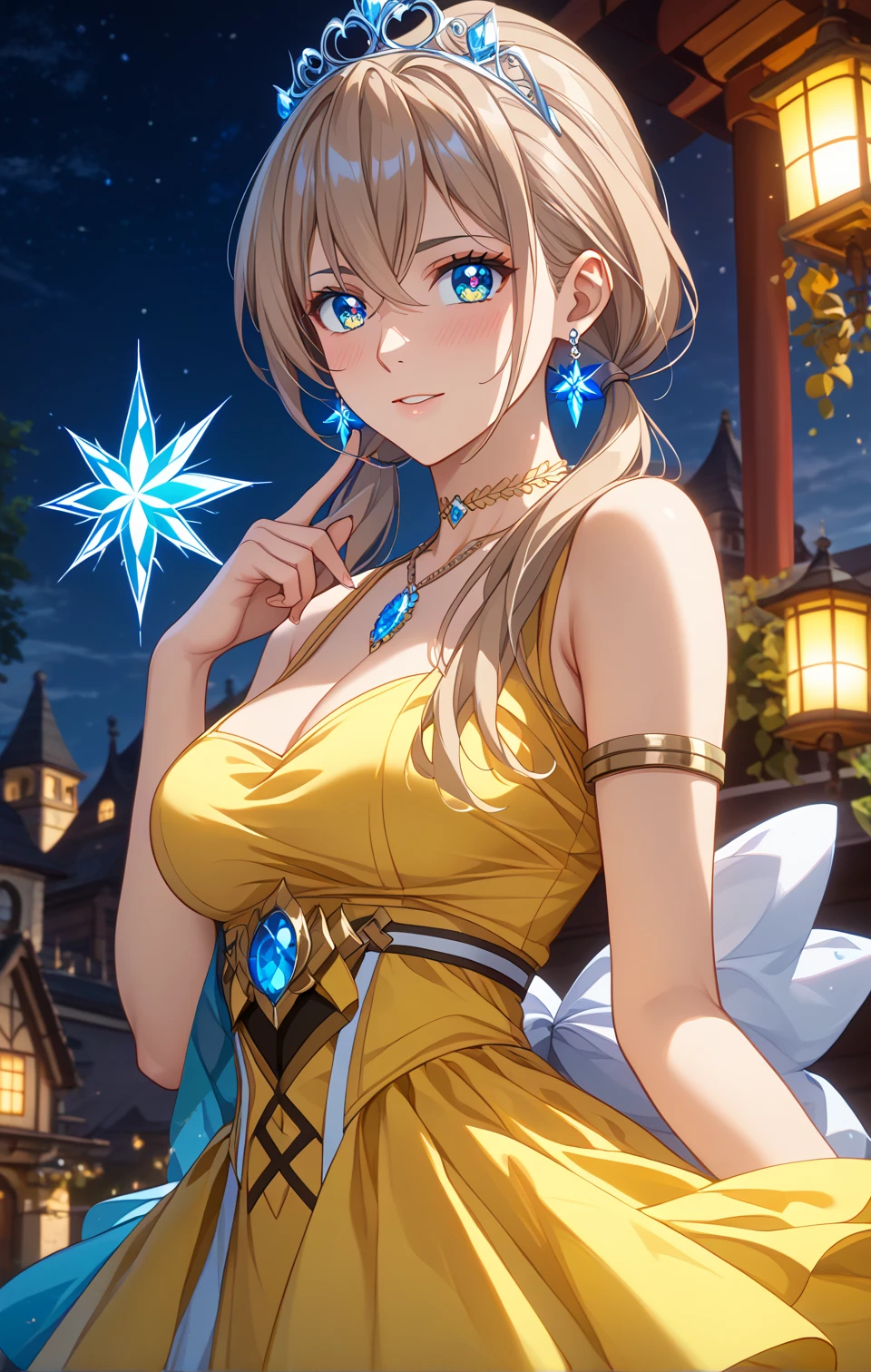  、whole body、 Cowboy Shots、solo、(( 25 year old woman))、Embarrassed、( big eyes、Cute eyes:1.15)、 blue eyes、 Beautiful Eyes、 Light Brown Hair、(low twintails)、 medium hair、 bangs between eyes、 Textured Skin、 slender、((Bioluminescent Dress、Glowing Yellow Dress 、The embroidery shines))、 Sexy Dress 、Fits your body、 sparkling earrings 、 necklace、 Sparkling Silver Tiara、(vibrant colors:1.5)、( rich contrast)、( 8K resolution 、Crisp image quality、 top quality 、 Ultra Fine)、god々Shining light
