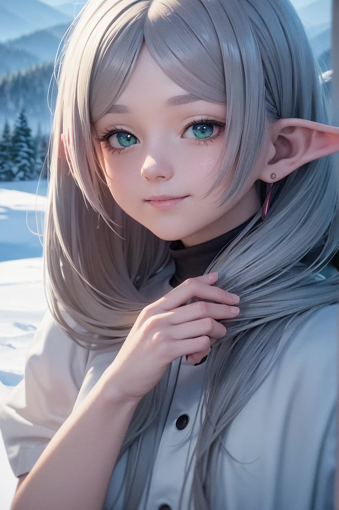 (ultra Realistic) , (illustration), (Enhance resolution), (8k), ( Extremely Detailed), ( detailed face ), Slim Body, in the dark , deep shadow, low profile, pureerosfaceace_v1, Happy smile, Winter, Mountain