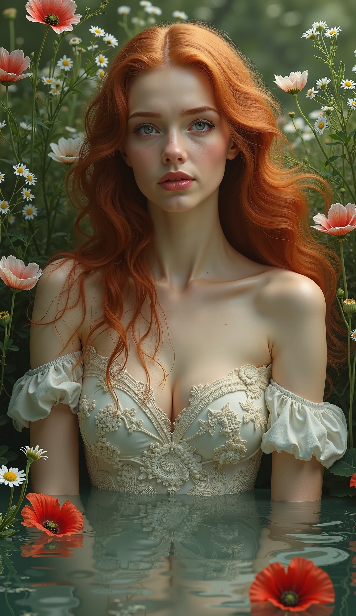 Lying on the lawn of a garden with flowers of the best quality, 8K, 32 Tsd., Meisterwerk, UHD: 1.5), Foto einer attraktiven deutschen Frau, 1人, (Gigantic Boobs: 1.2), (langes Haar), Lorbeerblatt, Keine Kleidung, Abs, Perfect Body, Ultradetailliertes Gesicht, Detaillierte Lippen, Thin eyes, Doppeltes Augenlid, (verlockend), ((Aufgeregt: 1.5)), Medieval aesthetics, scharfer Fokus, Komplizierte Details, sehr detailliert, depth of fields, scharfer Fokus, Hohe Detailgenauigkeit, Impressionismus, Detailed Oil painting, Verglasung, Tenebrismus, schlurfen, Oil painting, Barocker Stil, von Rembrandt, Von Artemisia Gentileschi ,Gentle and beautiful girl, Zart und sexy , charmantes ovales Gesicht, rosarote Lippen, kleine Nase, red shiny hair , zusammen Gestecktes haar , 18 Jahre alt , Mehr Brust , Schmeichelnd , Nackte , Emerald Green Eyes , frontal Ansicht , Ultra-HD , Nature beauty,