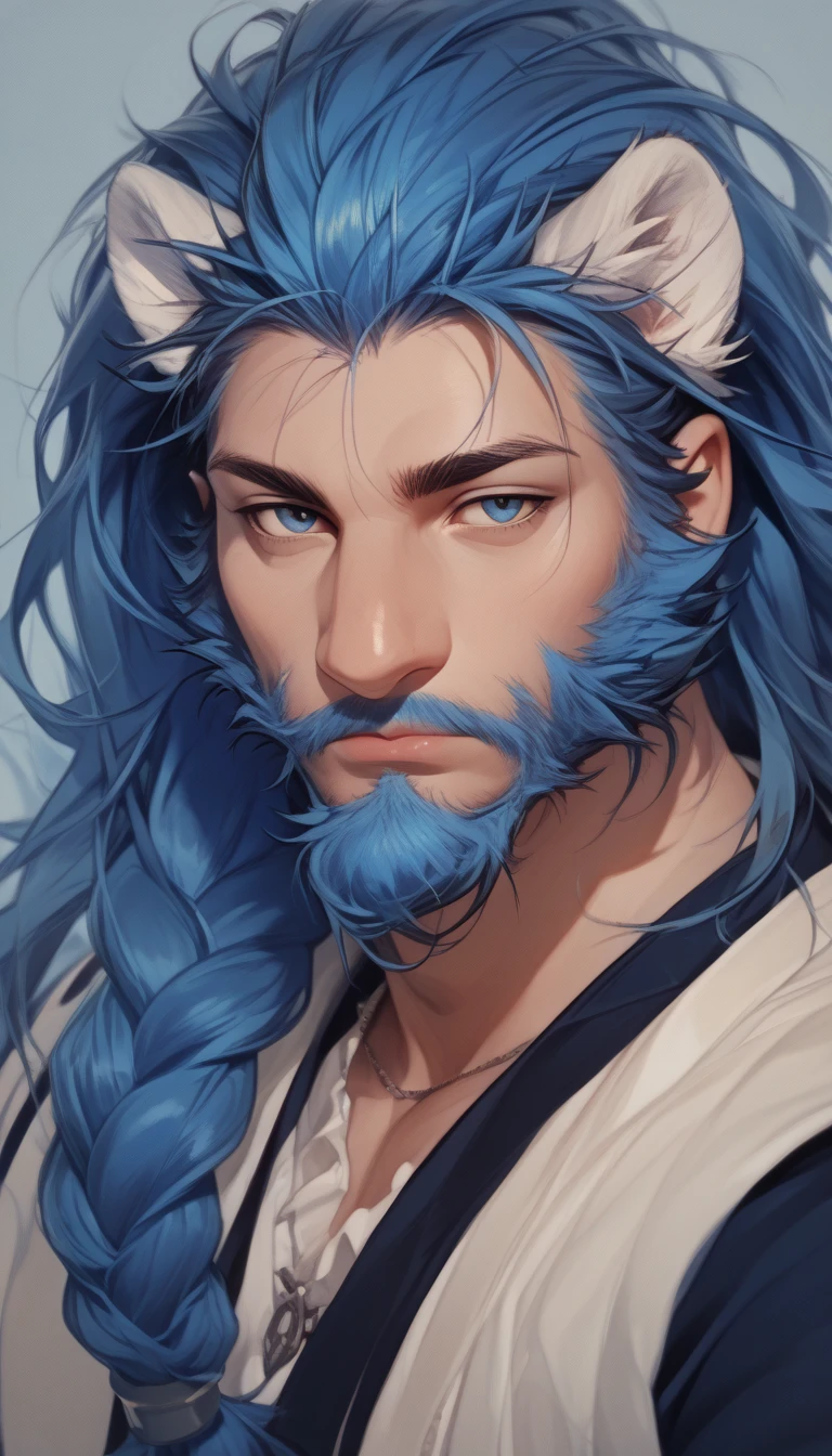 White tiger with very light blue hair and a dark blue beard