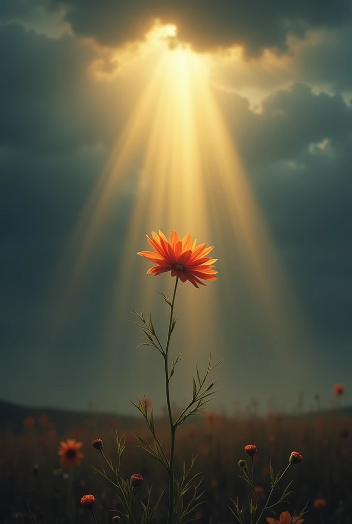 A ray of sunlight breaking through storm clouds, illuminating a single blooming flower in a barren field, symbol of hope, vibrant colors, dramatic lighting, masterpiece, highly detailed, 