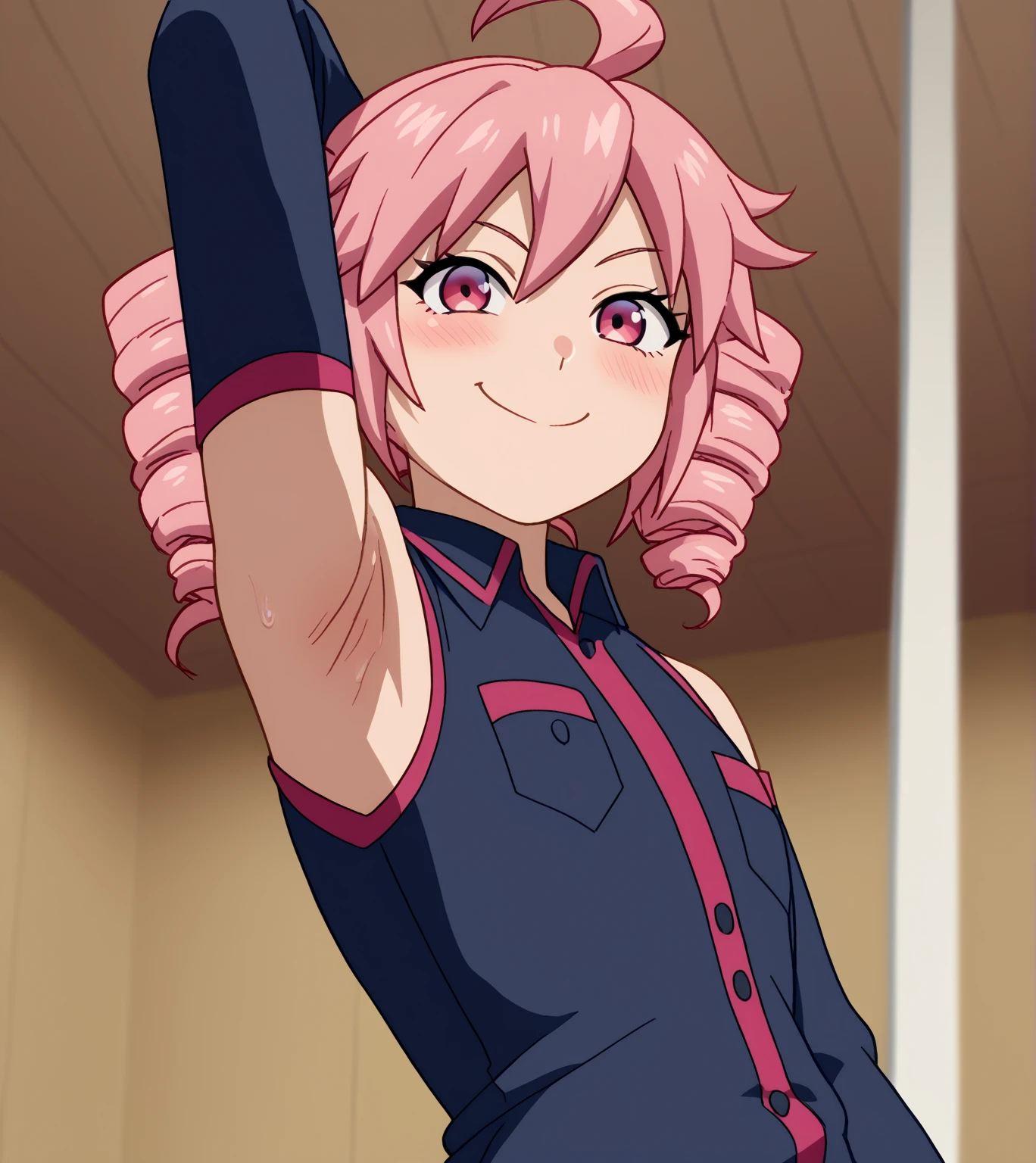 score_9, score_8_up, score_7_up, source_anime, anime screencap, 1girl, solo, teto kasane, ahoge, pink eyes, drill hair, pink hair, detached sleeves, shirt, black shirt, collared shirt, arm behind head, armpit, armpit focus, armpit up close, close-up of armpit, arm above head, from side, from below, looking at viewer, head towards viewer, smile, closed mouth, badhandv4, indoors, on stage, (sweaty:0.8), blush