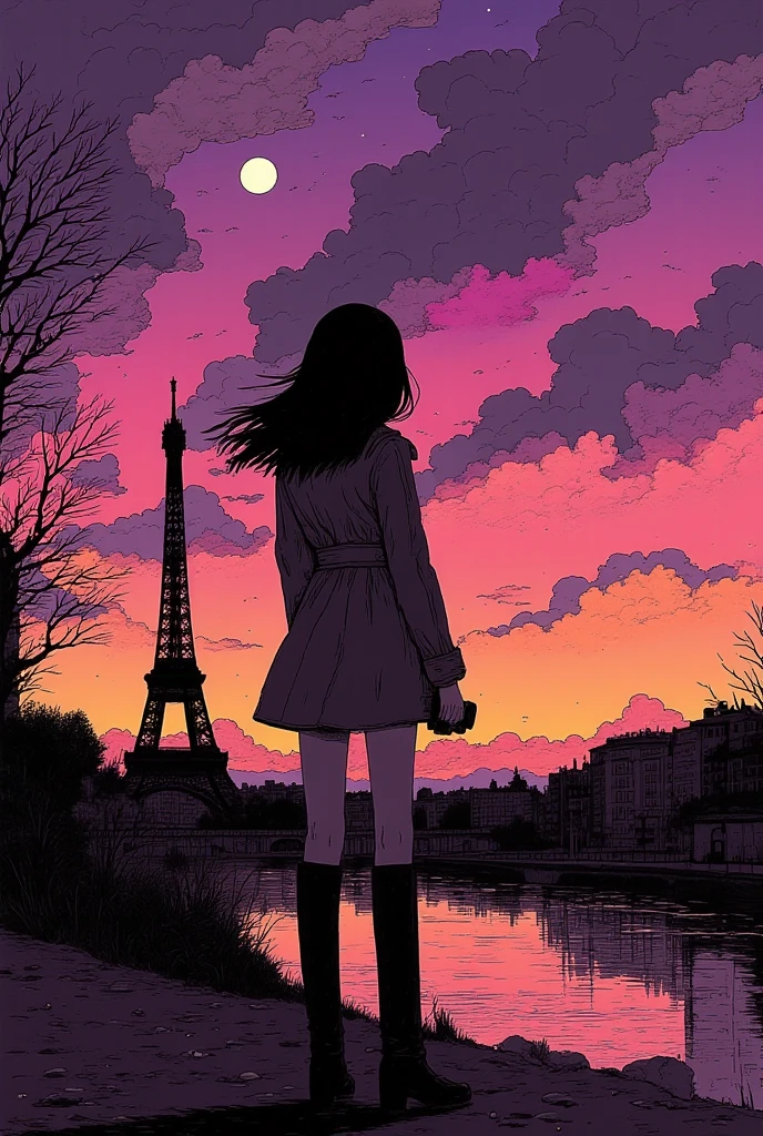 epic graphics 16K, masterpiece, best composition, The quality is very detailed, artwork, sunrising over the girl her's back,１People only, trench coat, miniskirt, long boots, Holding a small camer, The Seine River in Paris, France, a full moon above the Eiffel Tower, a great number of houses, a cloud a dramatic sky, rich right