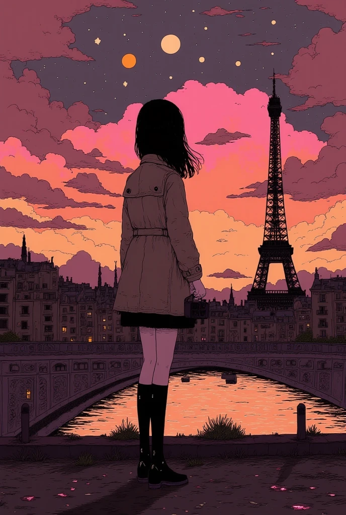 epic graphics 16K, masterpiece, best composition, The quality is very detailed, artwork, sunrising over the girl her's back,１People only, trench coat, miniskirt, long boots, Holding a small camer, The Seine River in Paris, France, a full moon above the Eiffel Tower, a great number of houses, a cloud a dramatic sky, rich right