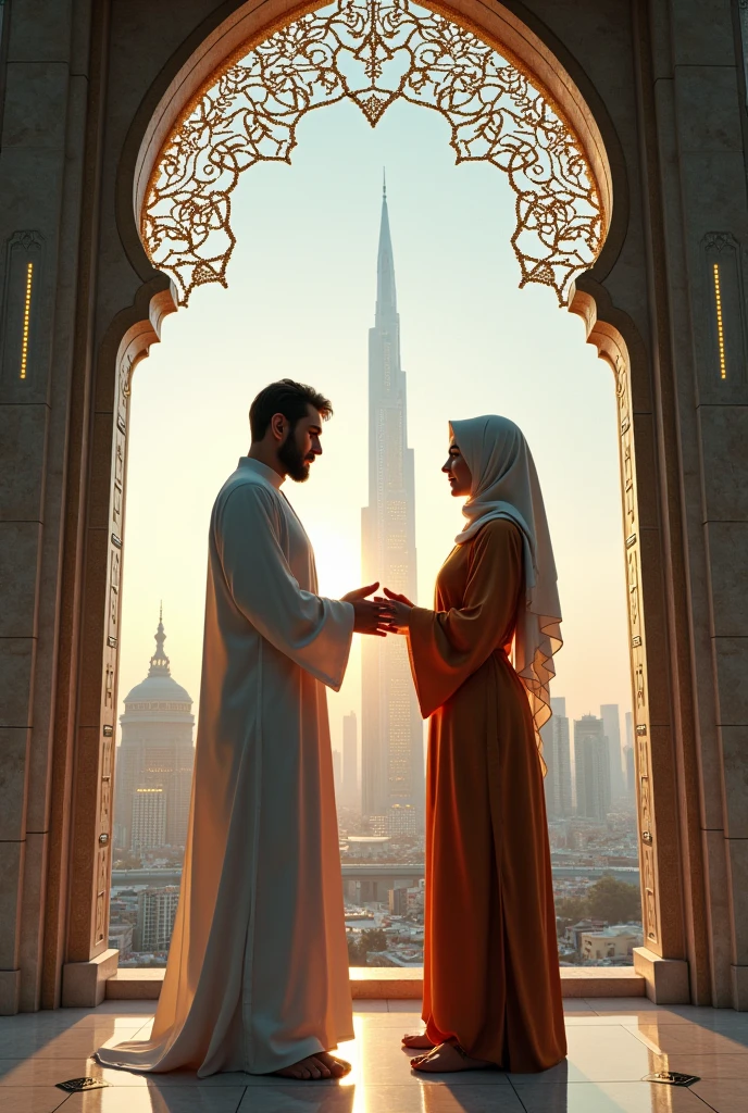 pre-wedding photo of an Asian Muslim couple wearing white clothes smiling happily in front of the mosque
