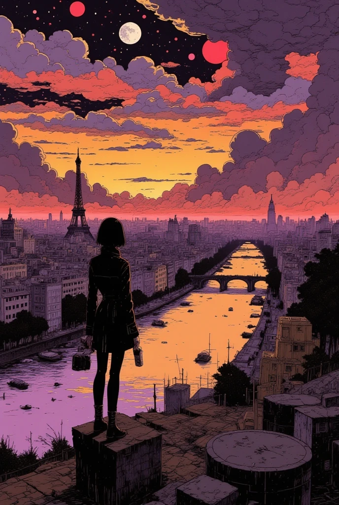 epic graphics 16K, masterpiece, best composition, The quality is very detailed, artwork, sunrising over the girl her's back,１People only, trench coat, miniskirt, long boots, Holding a small camer, The Seine River in Paris, France, a full moon above the Eiffel Tower, a great number of houses, a cloud a dramatic sky, rich right