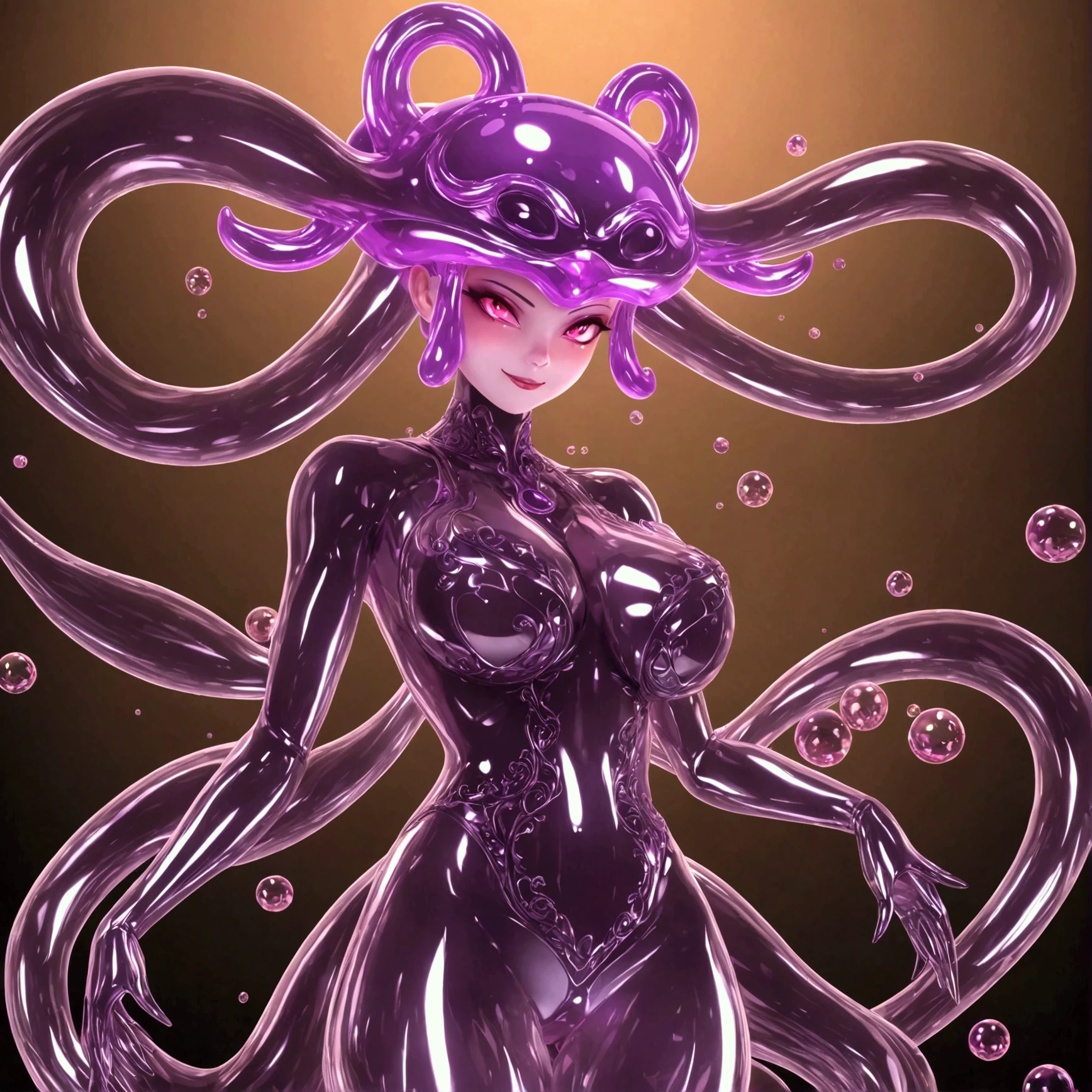 girl with octopus tentacles, short purple hair, beautiful emerald green eyes, closed mouth, exciting pose, smile, full body, unique costume with tentacles, looking forward, deep sea background, black and purple theme, playful and cheerful expression, black and purple costume with tentacles, lively design,