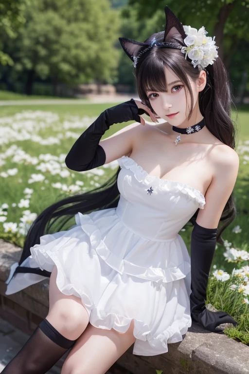 Korean,Realistic, masutepiece, Final details, photographrealistic, intricate detailes, Octane Rendering, 8K, 1girl in, Full body perfect face, Beautiful face, nffsw, Trough reference, Detail Hair,, Black bow, Black Gloves, Black paws, Blue eyes, Blue hair, Bow, 鎖骨, Dress, Drill Hair, frilld, frilld, gloves, Gwen, Head dress, hight resolution, Long hair, Parted lips, Puffy sleeves, Purple eyes, Smile, Solo, White Dress, Oil skin,