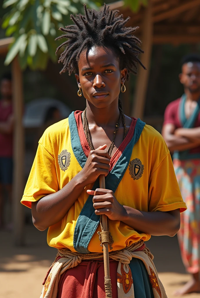 An ethiopian boy playing an ethiopian flute ,he is looking sad and super hero at the same time and make it at dark place and his age is 20 , he wares like super heros clothe that indicate that he is tigrayan people and he is playing it and he have tears falling down his face keep this picture make the closes tigrayn flag