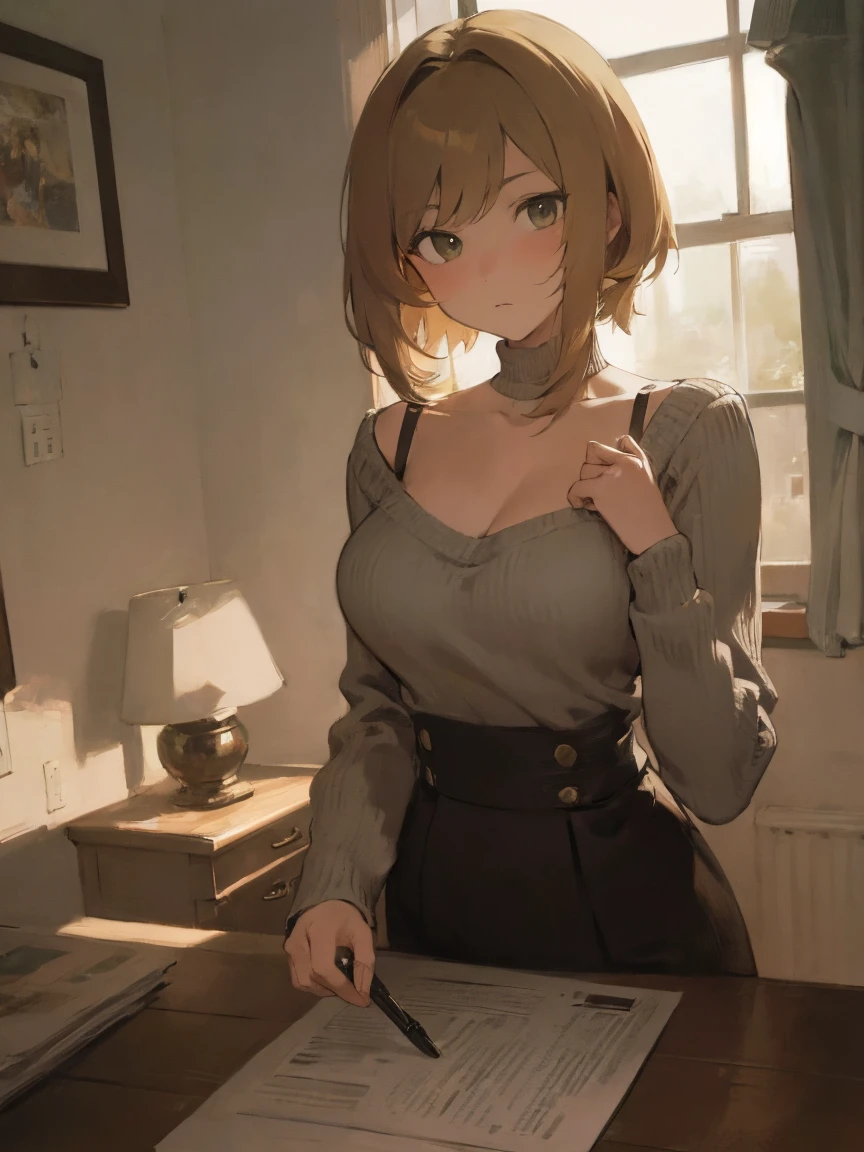 (masterpiece, highest quality:1.2)、(1 girl)、(Random hairstyles:1.2), cleavage of the breast:1.2, Bring your chest together, sharp focus:1.2, pretty woman:1.4, light brown hair, Loose and light knitwear, Shoulder out, slender, serious facial expression, short-haired , Fatal position , comics