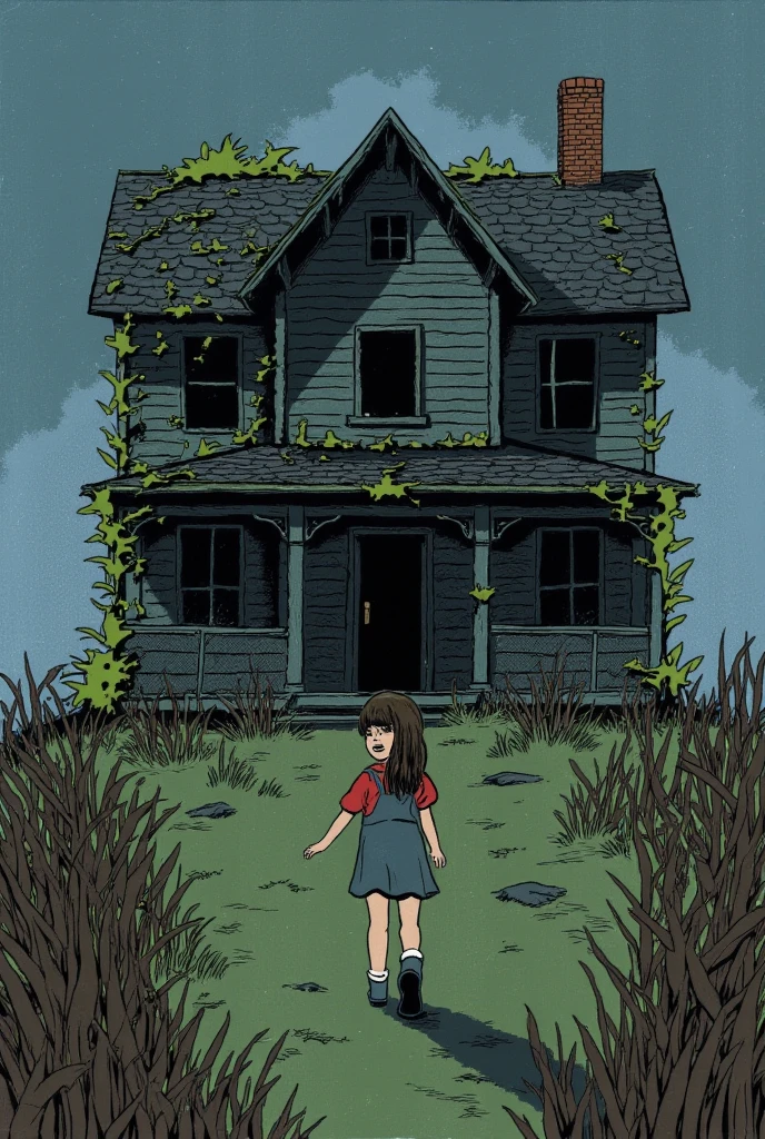 Girl walking away from a creepy house miling 