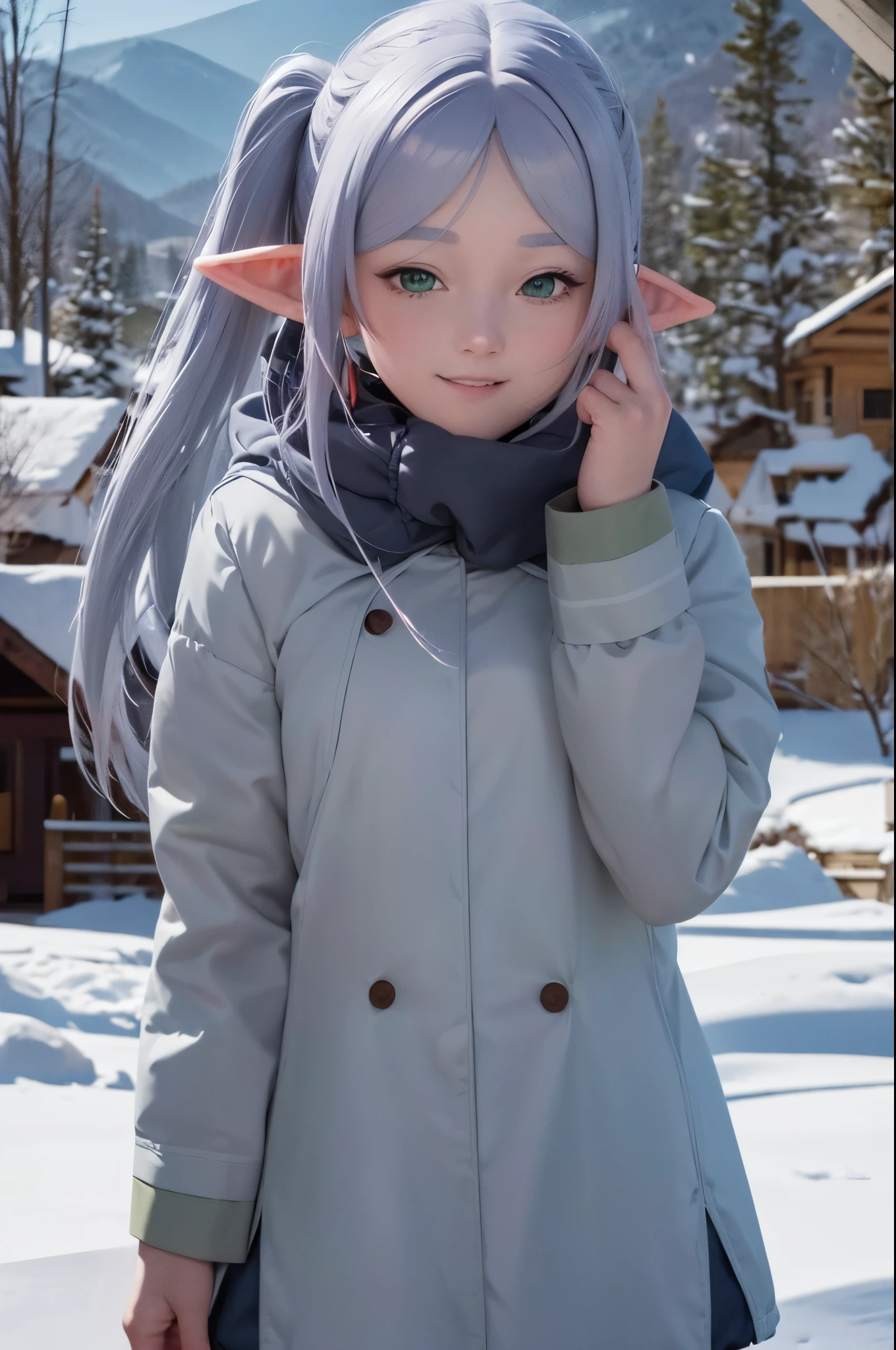 (ultra Realistic) , (illustration), (Enhance resolution), (8k), ( Extremely Detailed), ( detailed face ), Slim Body, in the dark , deep shadow, low profile, pureerosfaceace_v1, Happy smile, Winter, Mountain