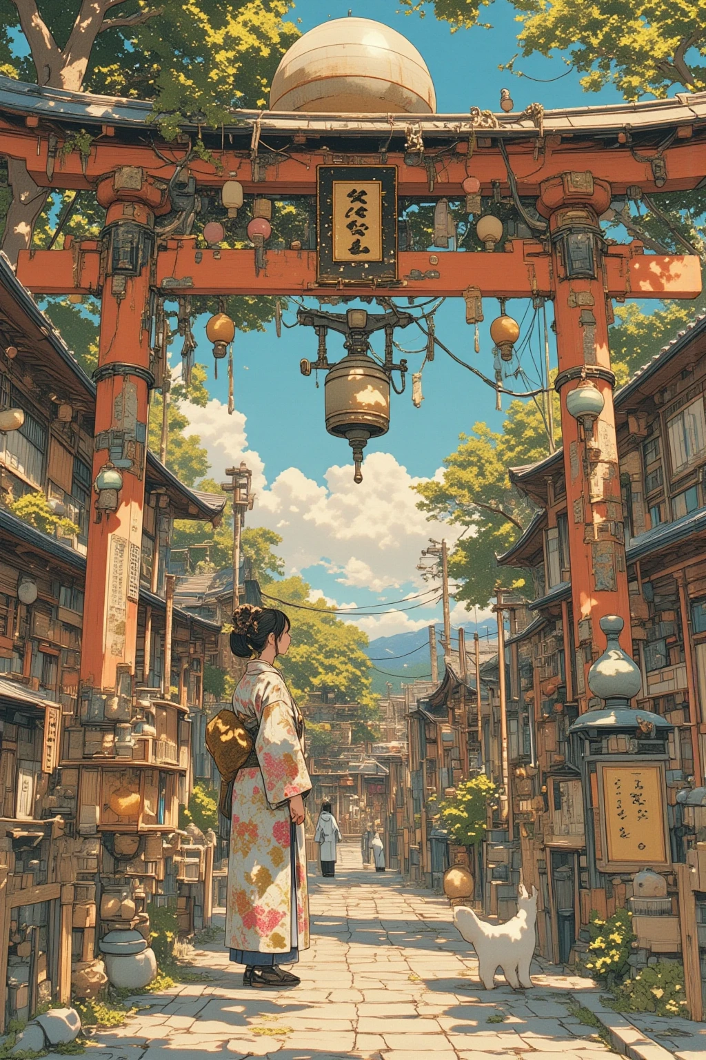  A woman visiting a shrine for the first time ,Long-sleeved kimono,Ultra-realistic composition ,   surreal style  ,  neo-surrealistic    .     digital art   , surrealistic     digital art   work,   Surreal Scene  ,   Made with Surreal Photographs , surreal 3 d render,    Surrealist Conceptual Art    ,   Dreamy Art  ,   Made with Surreal Photographs graphy,   surrealist photography  ,  surreal digital art , alexander jansson style  ,   collage style Jose Baelorza , Collage by Yokoo Tadanori , items floating in the air  、lots of items ,torii,Shimenawa, First Sunrise,Honping bell,Suzuo ,Piece, eye catching ,  smiles, 