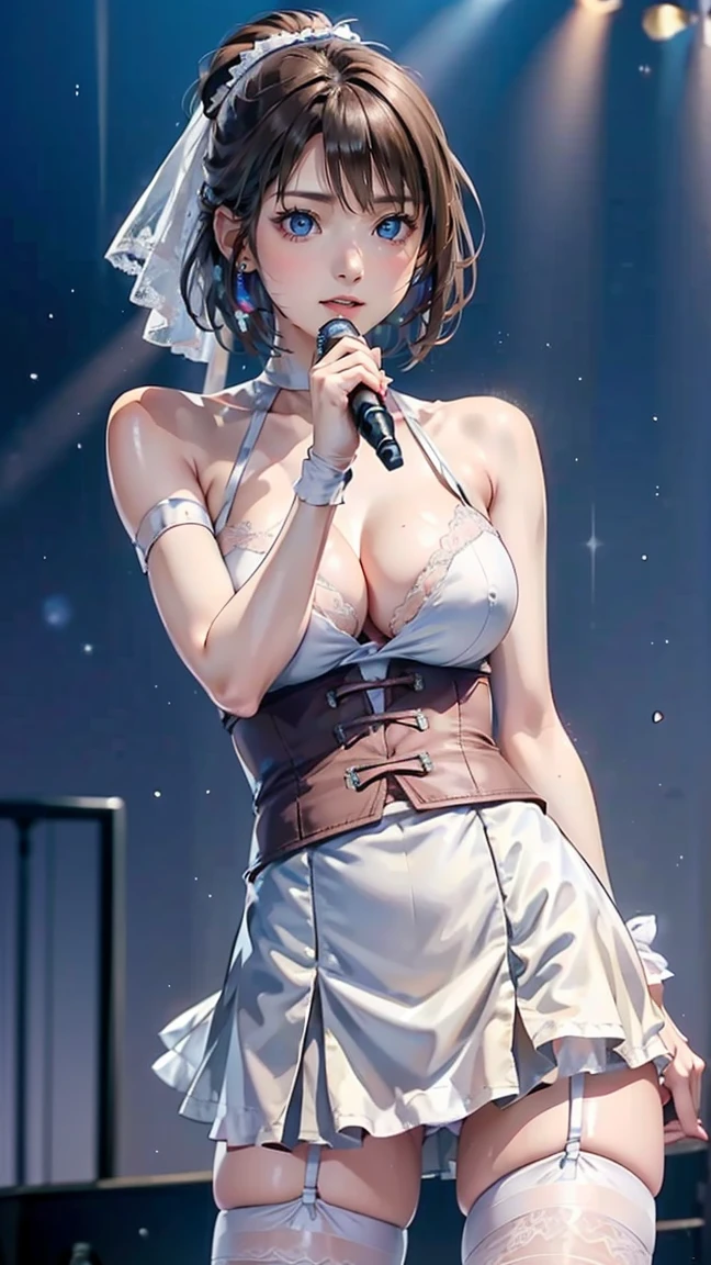 adult woman、exact number of fingers、Exact number of legs、Exact number of arms、bangs, ribbon ponytail, brown hair, (blush:1), (put one hand in your panties:1.8), fingering, (pussy juice:1.2), cum in mouth, (A woman is holding a microphone and is about to sing:1.5), The costume covers the shoulders, sides, upper arms, and arms., That costume only opens wide at the chest.、high socks、((long sleeve white collared shirts, navy pleated miniskirt, navy tie, light grey cardigan)), (Detailed and luxuriously decorated underwear:1.3), Ribbon at collar, (White and navy panties with lots of lace:1.3), white lace bra:1.2), sexy underwear, Thighhighs、 beautiful big breasts, (erect nipples:1), the skirt is turned up、highest quality, High resolution, (detailed and beautiful eyes:1.6), highly detailed face, perfect lighting, Very detailed CG, (perfect hands, perfect anatomy),embarrassed expression、The expression that you are holding back from going to the toilet, (sexual pleasure expression:1.4), (expression of agony:1.2)、sexy look、look upward、mouth half open、Climax、(live stage、a lot of spectators:1.3)、whole body