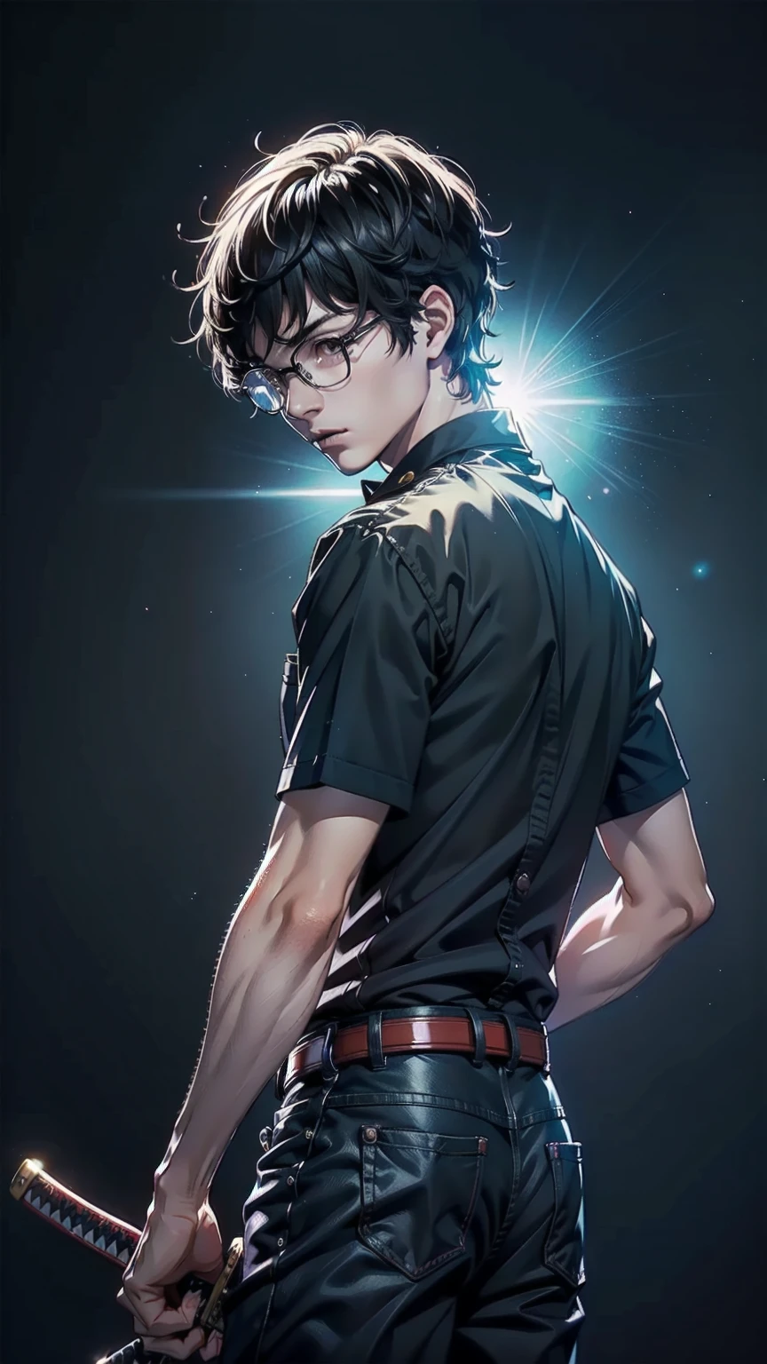 masterpiece, best quality, 1boy, solo, Amamiya Ren, glasses, ((tsume-eri gakuran boy japanese school uniform)), corridor, ((top quality, ultra-detailed, high resolution, extremely detailed CG, unity 8k wallpaper, by famous artist, perfect anatomy, super detailed skin, cinematic lighting, UHD, retina, anatomically correct, 1080P)), (Please draw a single one boy wielding a katana with no backgroun:1.3), ((1boy)), (Solo, face,**-****-***:2.0), a high school student, ((full dark brown hair)) Full limbs, complete fingers, ((perfect fingers, perfect arms)), masculine, manly, small butt, Beautiful detailed full dark brown eyes, glasses, perfect eyes, (Detailed Lighting), (Detailed background), (in the school zone), full body view, standing, single guy (one guy), ((perfect natural fingers and hands)), ((front body view:1.5)), ((full katana:1.5)), ((one single perfect long shape katana:1.3)), ((The katana must be well drawn, from the tsuba to the saya)), ((completely black background with no backlight:1.5)), ((view from the front:1.5)), ((masculine)), ((la vista es desde el frente del cuerpo))