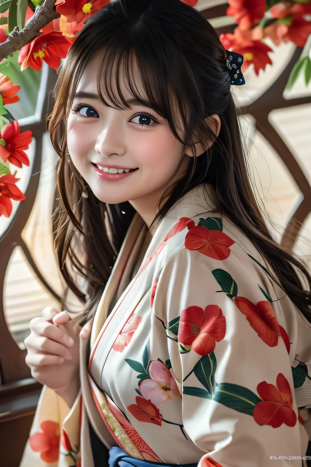 new year、( top quality , masterpiece:1.2),   super detailed  ,   high resolution, 8k wallpaper,   perfect dynamic configuration,、 Japanese New Year、Goldfish pattern kimono 、 look at me and smile、Blush your cheeks、Hug the viewer