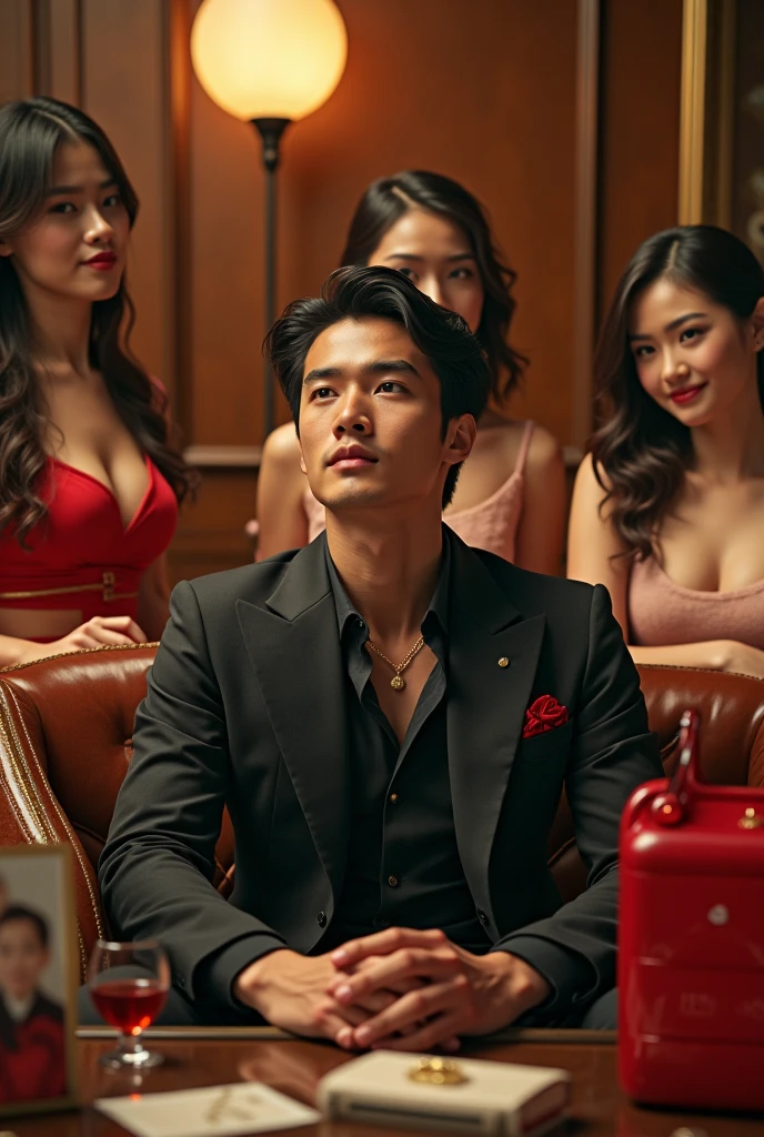 A young man in white sits drinking in a room surrounded by concubines in provocative outfits as his young wife opens the door and enters. Story from the Hanfu period.