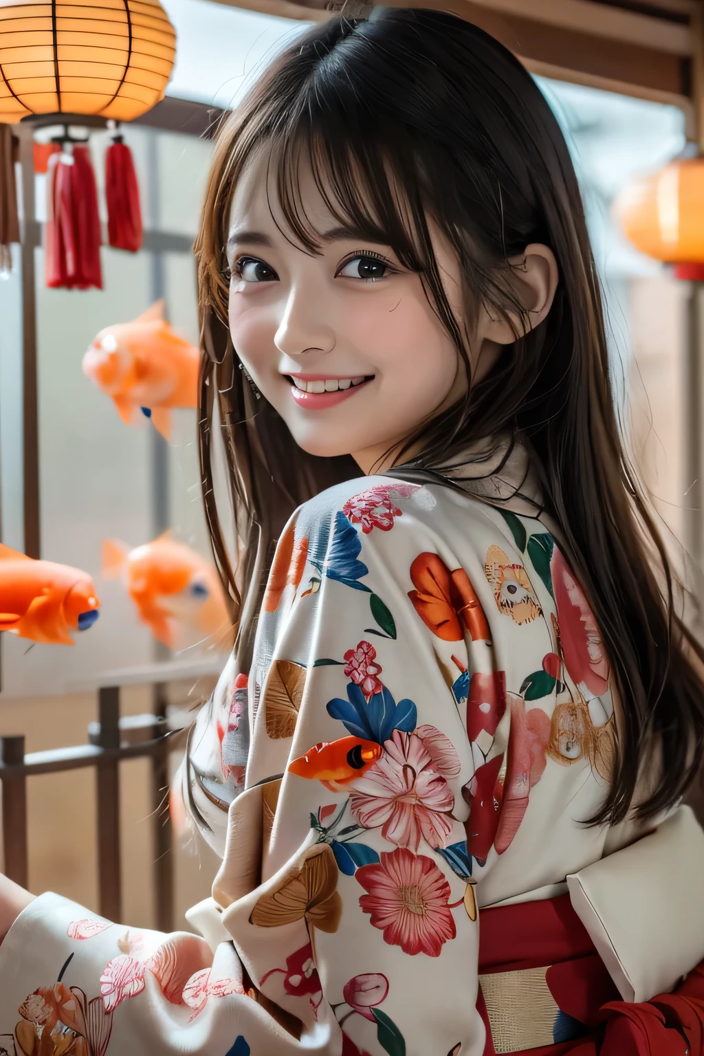 new year、( top quality , masterpiece:1.2),   super detailed  ,   high resolution, 8k wallpaper,   perfect dynamic configuration,、 Japanese New Year、Goldfish pattern kimono 、 look at me and smile、Blush your cheeks、Hug the viewer