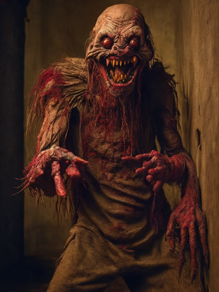 photorealistic, highest quality, RAW photo, film composition, (full body: 1.4) photograph of a (humanoid demon: 1.2), (mocking smile: 1.4), with (arm extended forward: 1.3) and (making a friendly hand gesture to ask someone to approach: 1.4), extravagant and colorful clothes, baggy pants, felt boots, haggard face, aquiline nose, bushy eyebrows, reddish eyes, emaciated skin, sharp teeth, gnarled hands, macabre skin texture, disturbing and photorealistic|spots|wrinkles, detailed clothing, clothing texture|wrinkles, abundant details, intricate details, subsurface dispersion, shadows