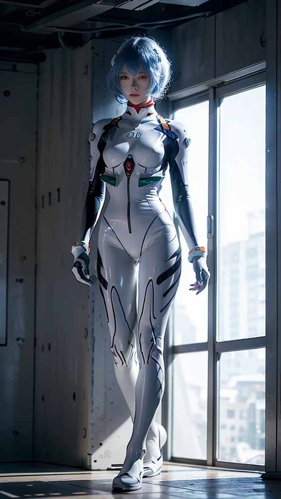 "A stunning 8K RAW photograph of a Japanese woman with blue hair and red eyes, wearing a white futuristic plugsuit. She has a cool, calm appearance, walking in a futuristic sci-fi environment. The background is cinematic, with professional lighting, depth of field, and soft bokeh effects. The image features refined details and a masterpiece-level composition, emphasizing a serene yet sharp sci-fi atmosphere. The character's full body is visible, and the scene has a photorealistic style with a muted, futuristic ambiance."