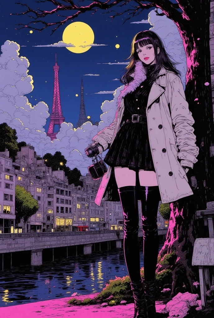 epic graphics 16K, masterpiece, best composition, The quality is very detailed, artwork, sunrising over the girl her's back,１People only, a glamorous and sexy woman in a trench coat, miniskirt, long boots, Holding a small camer, a smile face, The Seine River in Paris, France, a full moon above the Eiffel Tower, a great number of houses, a cloud a dramatic sky, rich right