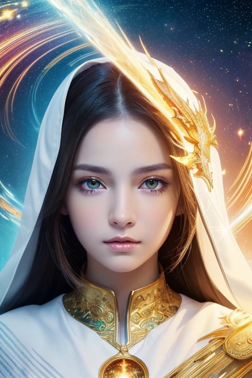 (masterpiece,  Top Quality ,  top quality ,  Official Art,  beautiful and aesthetic :1.2), ( One Girl ), Extremely detailed eyes, ( fractal art :1.3),  colorful ,  Best Details , (perfect face),  Shiny Skin,  high resolution, (white cloak with gold lines :1.2), galaxy, (Streaks of light),  impressive visuals , ( dynamic stripes , Shining Trail:1.2),  brightly colored , ( Phoenix), ( dragon )