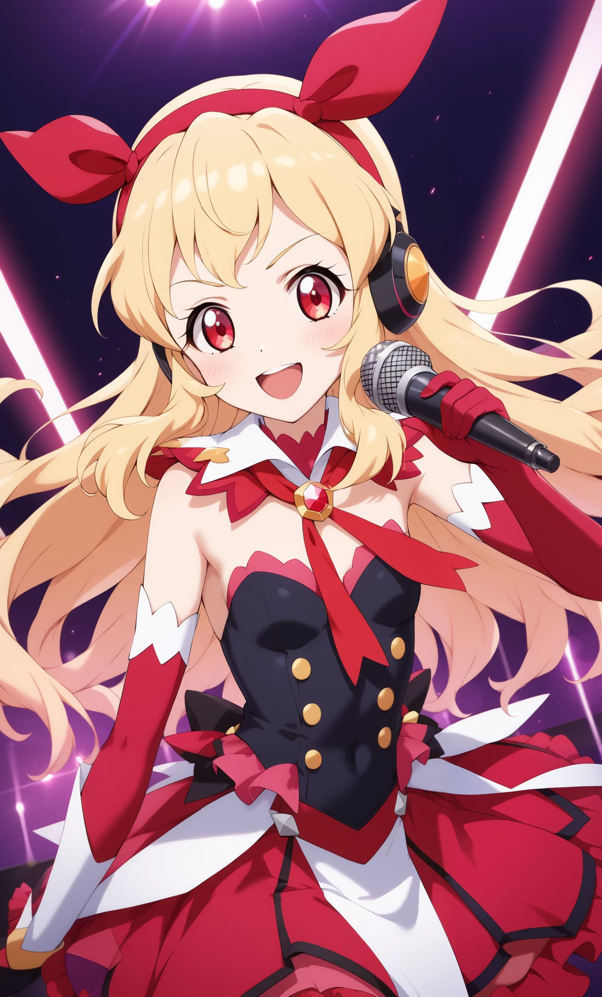 (RED Ribbon on HAIRband:1.2),aikatsu,1 girls,in senki zesshou symphogear style , Blonde long hair,black battle suit,BREAK,ultra-definition, high resolution, ultra-detail CG,caustics, Live stage, in front of super large vision, singing, stand microphone ,RED eyes