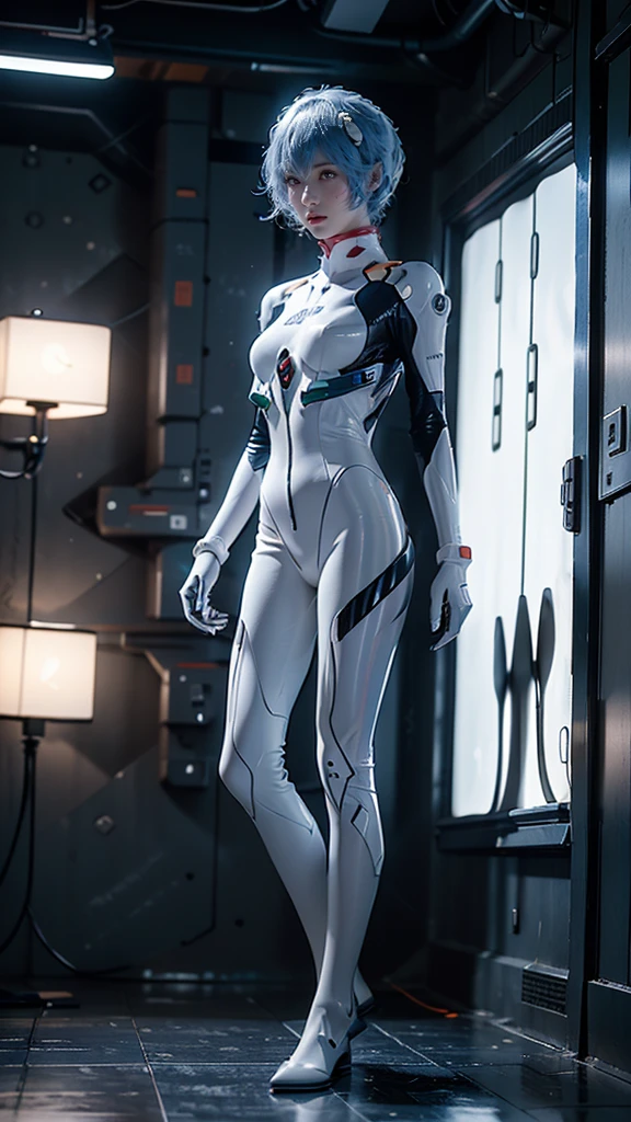 "A stunning 8K RAW photograph of a Japanese woman with blue hair and red eyes, wearing a white futuristic plugsuit. She has a cool, calm appearance, walking in a futuristic sci-fi environment. The background is cinematic, with professional lighting, depth of field, and soft bokeh effects. The image features refined details and a masterpiece-level composition, emphasizing a serene yet sharp sci-fi atmosphere. The character's full body is visible, and the scene has a photorealistic style with a muted, futuristic ambiance."