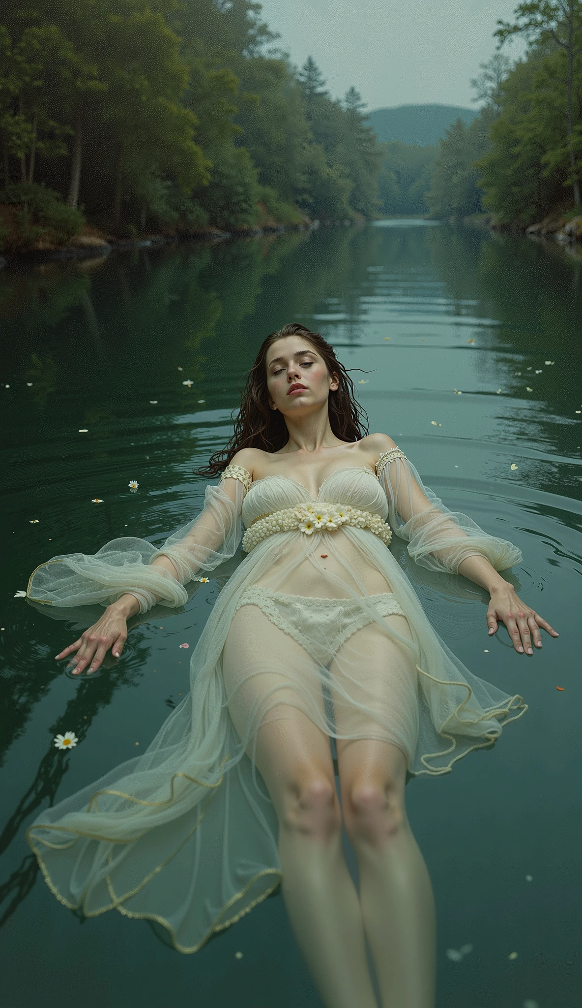 (there are a group of 9 womans taking a bath in river, deer, bow, archery, full body, cinematic screen, ethereal, detailed, alluring succubus, ethereal beauty, perched on a cloud, (fantasy illustration:1.3), enchanting gaze, captivating pose, otherworldly charm, mystical sky, soft colors, (detailed cloudscape:1.3), (high-resolution:1.2), ((masterpiece)), (best quality), HDR, ((masterpiece)), (best quality), HDR, FEMME,artistic, Soft color palette, windblown flowers, Sparkle, magical photography, Soft smooth lighting, Light background,[light smile], expressionless, river, forest, rock, dramatic sky, warmtone, woman running,, a mature sad female, ethereal, large breasts, vivid color, bare shoulders, arms down, armpits, thighs, [light smile], expressionless, masterpiece, 8k resolution, fantasy art, ((high jumper's body proportions)), ((((no panties)))), ((no panties))), ((( No pants))),(((No socks)))),(No skirt)))),((No shoes)))),((Dynamic posture)))), (Full body))), (Greek feet), (Carefully groomed nails),((Delicate and small toes, perfect toes))), (Camel toes),((Correct anatomy)),((Correct dissection))),( Clothing: high slit design, white flowers cut at the waist, perfectly blending with the figure))), (((the world of clouds and mist))), (the clothes are painted with dirty and blood )))), sexy, lots of glow neon mushrooms, mandalas, cinematic, sharp, ray tracing, brightness, luminosity ((best quality)), ((masterpiece)), ((realistic)), (detailed), reflective luminous white:1.5, texture glossy orange:1.3,