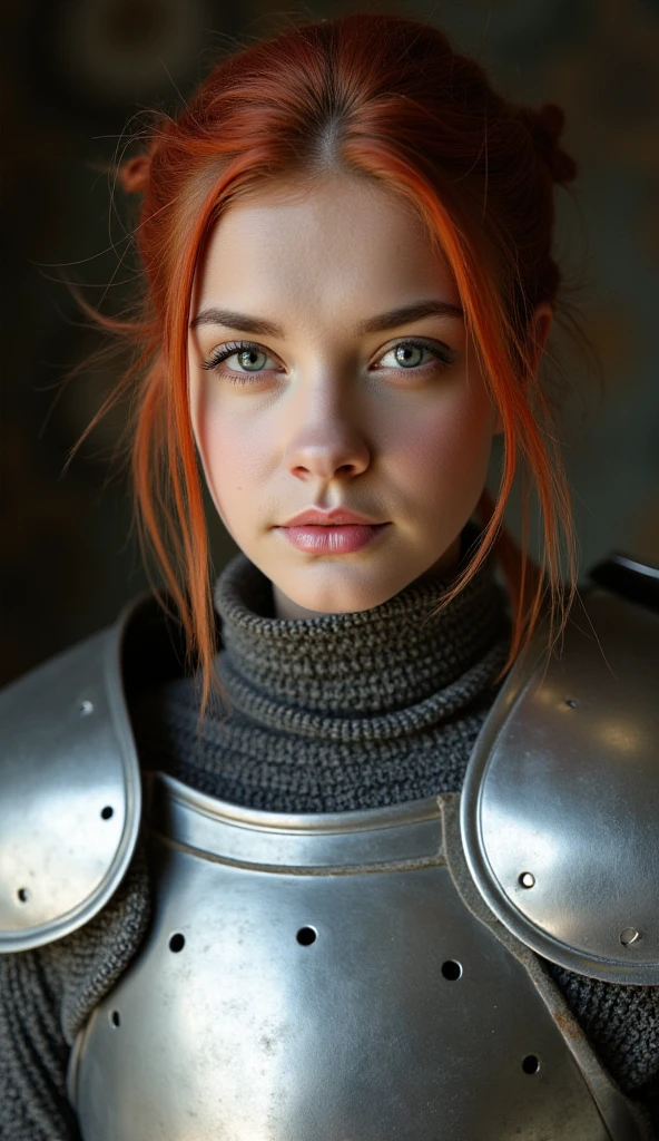  korean gril,portrait of a female in silver medieval armor, fine realistic crimson red hair, attractive, looking at viewer, photo-realistic detailed soft skin, realstic lips, 4k, full length frame, High detail RAW color art, diffused soft lighting, shallow depth of field, hyperrealism