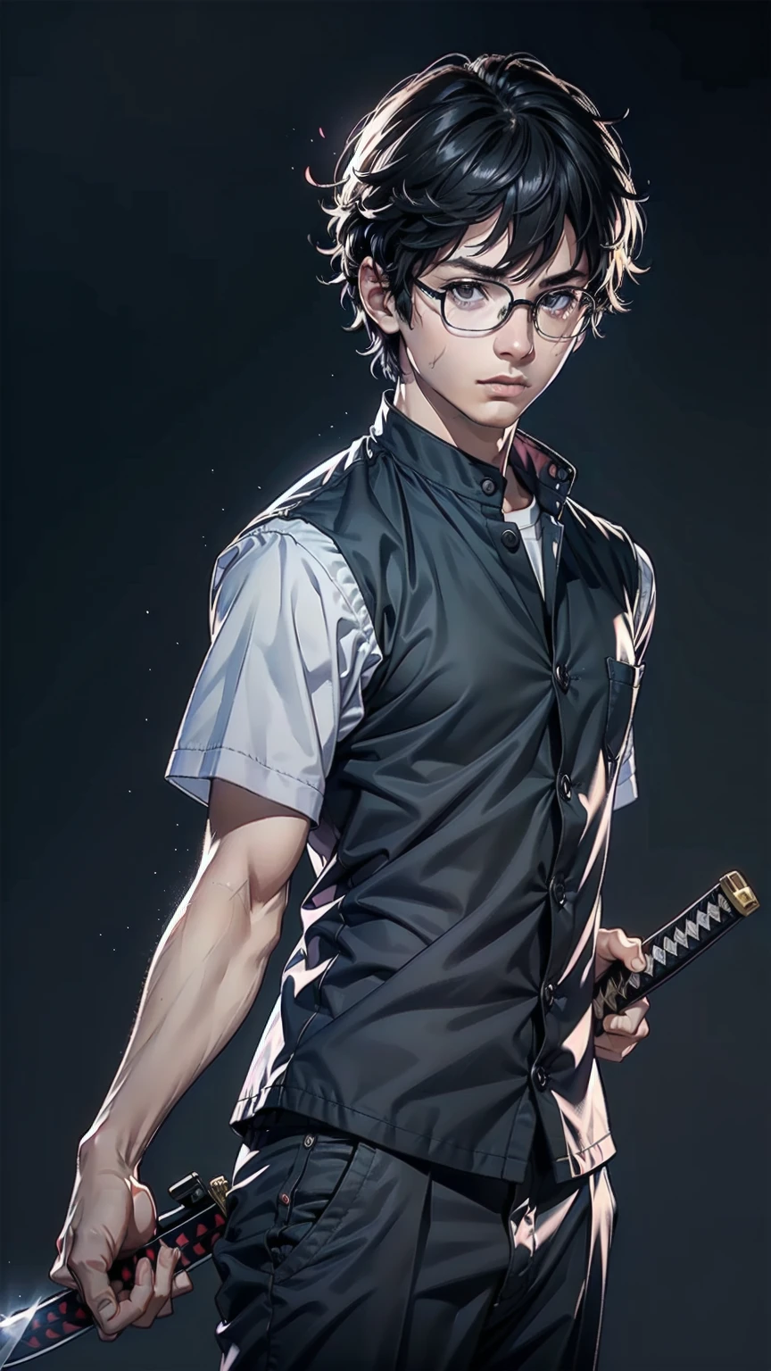 masterpiece, best quality, 1boy, solo, Amamiya Ren, glasses, ((tsume-eri gakuran boy japanese school uniform)), corridor, ((top quality, ultra-detailed, high resolution, extremely detailed CG, unity 8k wallpaper, by famous artist, perfect anatomy, super detailed skin, cinematic lighting, UHD, retina, anatomically correct, 1080P)), (Please draw a single one boy wielding a katana with no backgroun:1.3), ((1boy)), (Solo, face,17-year-old:2.0), a high school student, ((full dark brown hair)) Full limbs, complete fingers, ((perfect fingers, perfect arms)), masculine, manly, small butt, Beautiful detailed full dark brown eyes, glasses, perfect eyes, (Detailed Lighting), (Detailed background), (in the school zone), full body view, standing, single guy (one guy), ((perfect natural fingers and hands)), ((front body view:1.5)), ((full katana:1.5)), ((one single perfect long shape katana:1.3)), ((The katana must be well drawn, from the tsuba to the saya)), ((completely black background with no backlight:1.5)), ((view from the front:1.5)), ((masculine)), ((showing the front of the body:1.5))