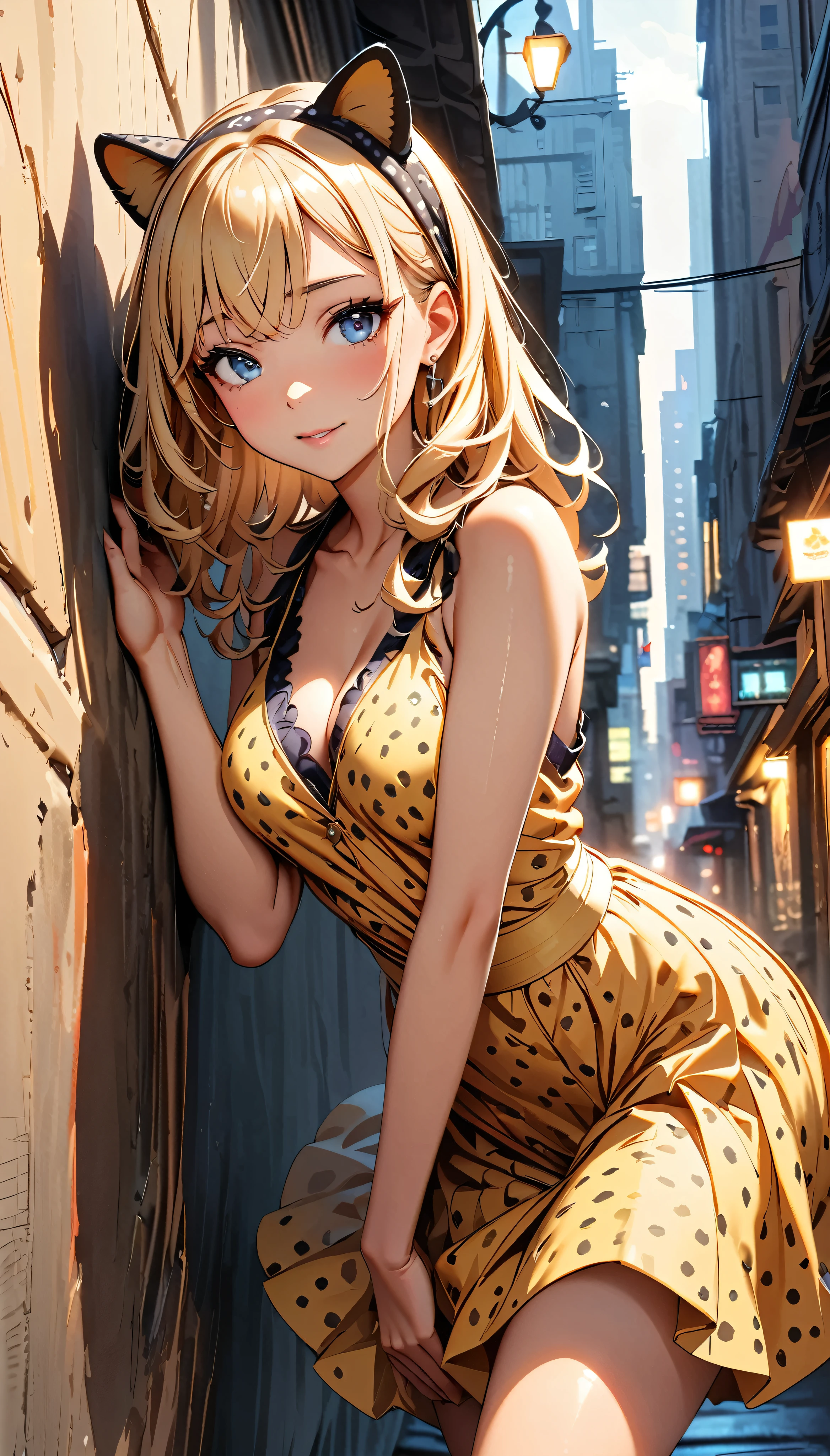 (Highest quality:1.2, High Detail, masterpiece:1.2, Best aesthetics), (1 girl), Beautiful woman, Cheetah Girl:1.2, Beautiful detailed eyes, Beautiful detailed lips, Highly detailed face, Detailed Fashion, elegant, luxury, High quality fabric, Shine, Shine, Leaning against a wall, Gaze lustfully at the viewer, Downtown, ((Cheetah Headband, Yellow and black polka dot dress:1.4, Obscene)), Cowboy Shot, Dramatic lighting, Cinematic, Bright colors, Intricate details, Chiaroscuro lighting.